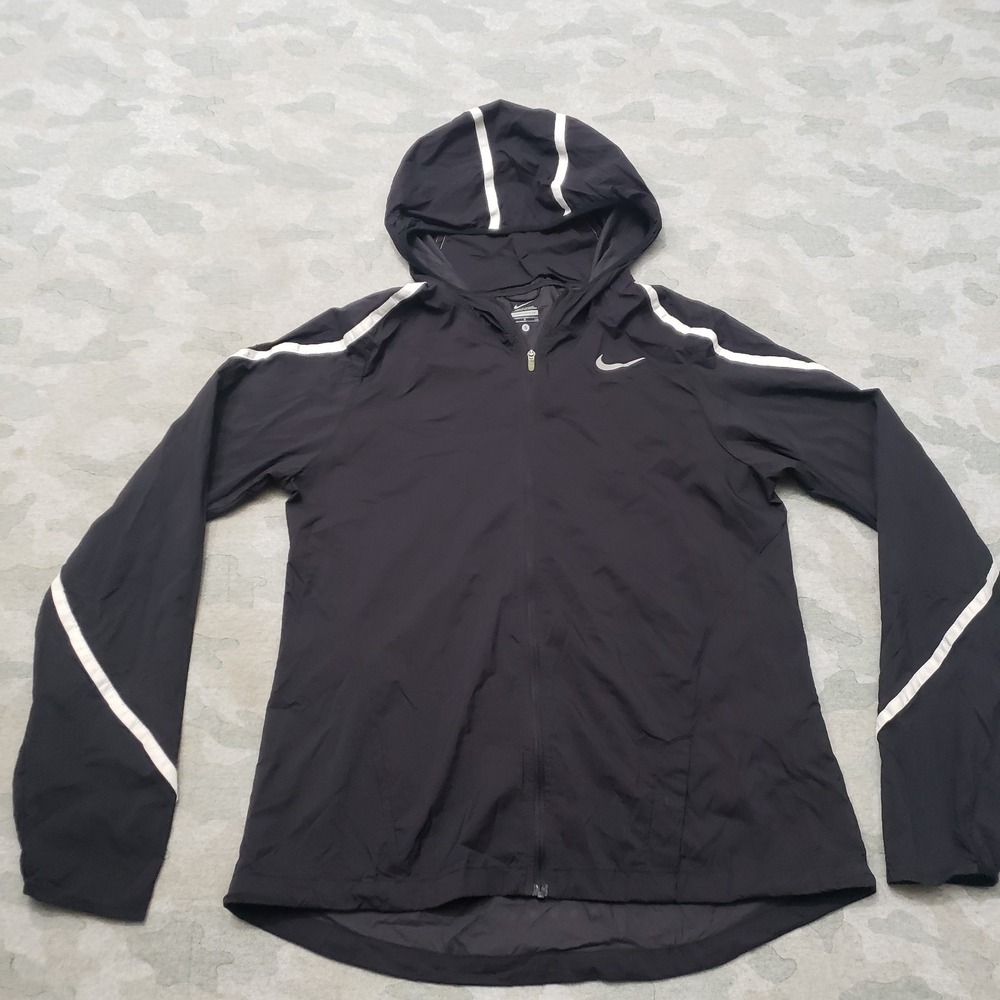 Nike Windbreaker Jacket Womens Small Black Full Zip Hooded Running Outdoors